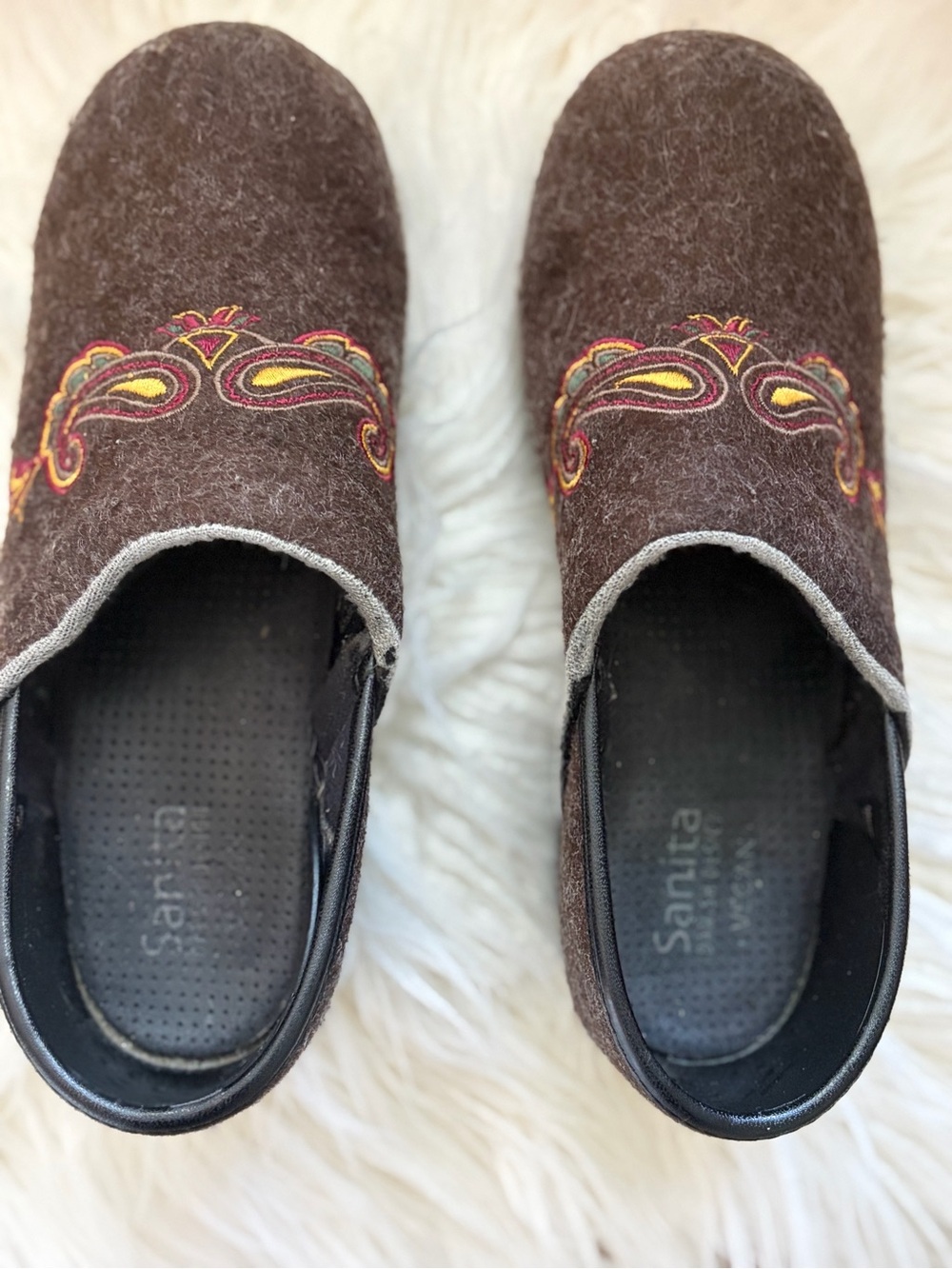 Dansko Brown Felt Mules with Multicolor Embroidery